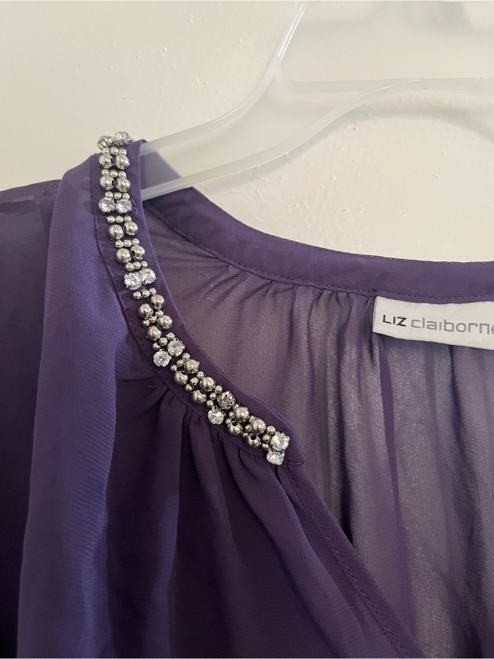 Liz Claiborne Jewel-Embellished Deep Purple Chiffon Blouse - Picture 4 of 6